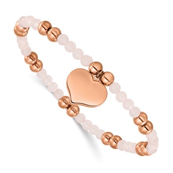 Chisel Stainless Steel Polished Rose IP-plated Heart Dangle 6mm Pink Quartz Beaded 7.75 inch Stretch Bracelet