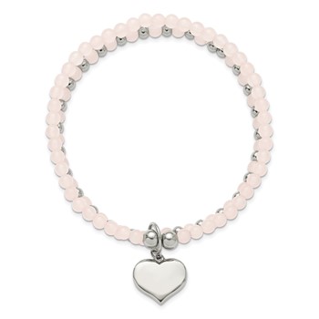 Chisel Stainless Steel Polished Heart 3-4mm Pink Quartz Two Strand 7.75 inch Stretch Bracelet — alternate view
