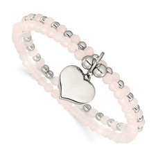 Image of Chisel Stainless Steel Polished Heart 3-4mm Pink Quartz Two Strand 7.75 inch Stretch Bracelet