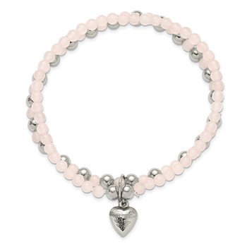 Chisel Stainless Steel Polished Puffed Heart 4-6mm Pink Quartz Two Strand 7.75 inch Stretch Bracelet — alternate view
