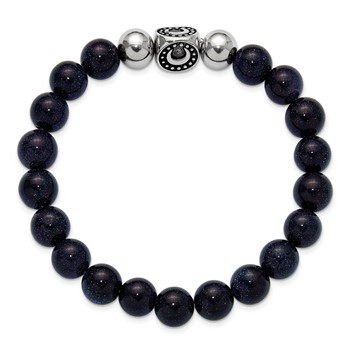 Chisel Stainless Steel Antiqued and Polished 10mm Blue Quartz Beaded Moon 7.5 inch Stretch Bracelet — alternate view