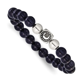 Chisel Stainless Steel Antiqued and Polished 10mm Blue Quartz Beaded Moon 7.5 inch Stretch Bracelet