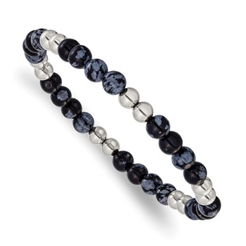 Chisel Stainless Steel Polished 6.5mm Black and Grey Synthetic Agate 7.75 inch Stretch Bracelet