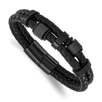 Chisel Stainless Steel Polished Black IP-plated and Black Leather Two Strand 8.25 inch Bracelet