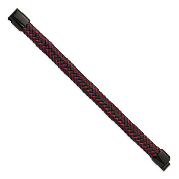 Chisel Stainless Steel Polished Black IP-plated Black Leather and Red Fabric 8.25 inch Bracelet — alternate view