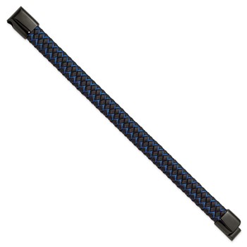 Chisel Stainless Steel Polished Black IP-plated Black Leather and Blue Fabric 8.25 inch Bracelet — alternate view