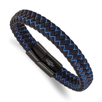 Chisel Stainless Steel Polished Black IP-plated Black Leather and Blue Fabric 8.25 inch Bracelet