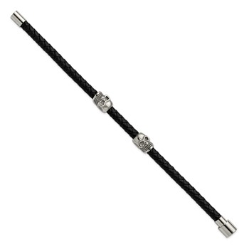 Chisel Stainless Steel Polished Skull Beads on Black Leather 8.75 inch Bracelet — alternate view