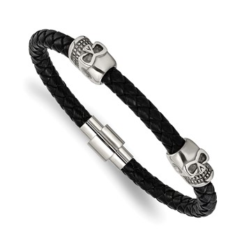 Chisel Stainless Steel Polished Skull Beads on Black Leather 8.75 inch Bracelet