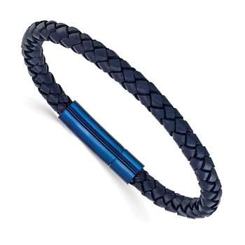 Chisel Stainless Steel Polished Blue IP-plated and Navy Blue Leather 8.25 inch Bracelet