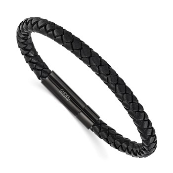 Chisel Stainless Steel Polished Black IP-plated and Black Leather 8.25 inch Bracelet