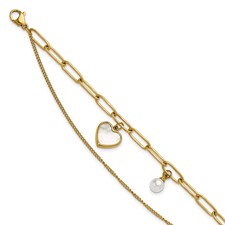 Image of Chisel Stainless Steel Polished Yellow IP-plated Mother of Pearl Heart and Simulated Pearl 6.5 inch Plus a 2 inch Extension Bracelet
