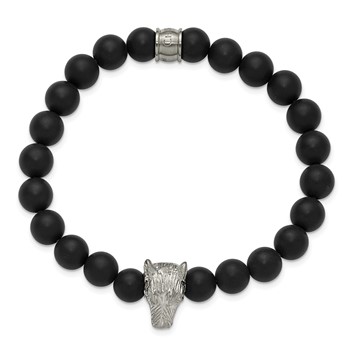 Chisel Stainless Steel Polished Wolf Head Matte 8mm Black Agate Beaded 6.75 inch Stretch Bracelet — alternate view