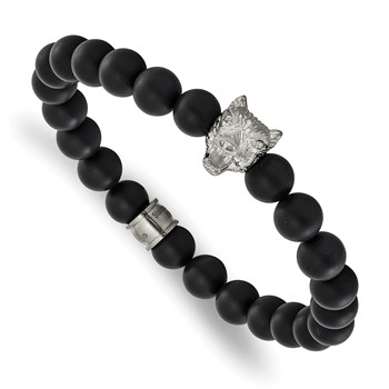 Chisel Stainless Steel Polished Wolf Head Matte 8mm Black Agate Beaded 6.75 inch Stretch Bracelet