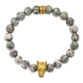 Chisel Stainless Steel Antiqued and Polished Yellow IP-plated Wolf Head Matte 8.5mm Jasper 6.75 inch Stretch Bracelet — alternate view