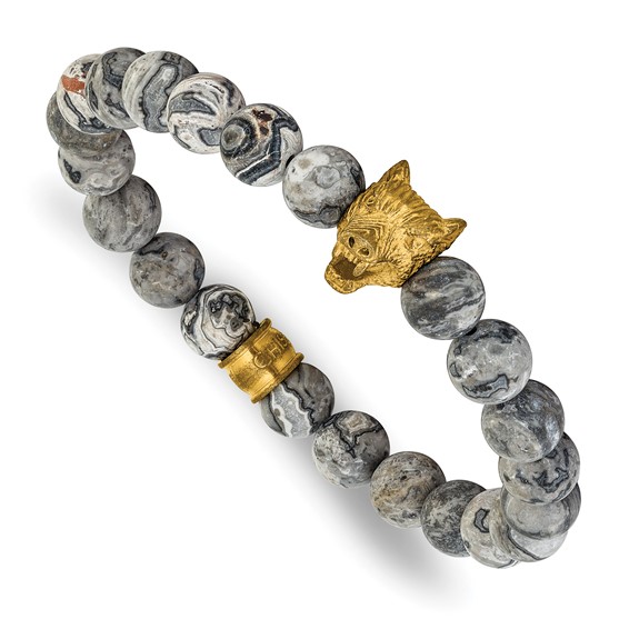 Chisel Stainless Steel Antiqued and Polished Yellow IP-plated Wolf Head  Matte 8.5mm Jasper 6.75 inch Stretch Bracelet - Quality Gold