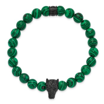 Chisel Stainless Steel Polished Black IP-plated Wolf Head 8mm Synthetic Malachite Beaded 7 inch Stretch Bracelet — alternate view