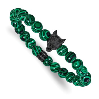 Chisel Stainless Steel Polished Black IP-plated Wolf Head 8mm Synthetic Malachite Beaded 7 inch Stretch Bracelet