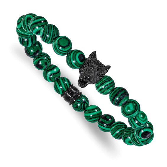 Chisel Stainless Steel Polished Black IP-plated Wolf Head 8mm Synthetic  Malachite Beaded 7 inch Stretch Bracelet - Quality Gold