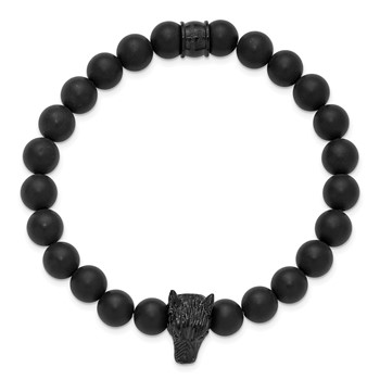 Chisel Stainless Steel Polished Black IP-plated Wolf Head Matte 8mm Black Agate Beaded 7 inch Stretch Bracelet — alternate view
