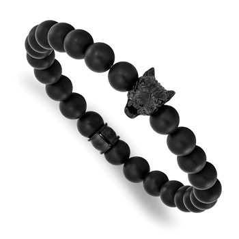 Chisel Stainless Steel Polished Black IP-plated Wolf Head Matte 8mm Black Agate Beaded 7 inch Stretch Bracelet