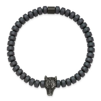 Chisel Stainless Steel Antiqued Wolf Head Matte 6.5mm Hematite Beaded 7.25 inch Stretch Bracelet — alternate view