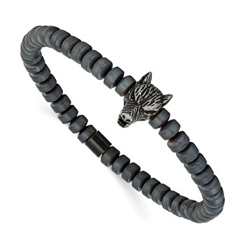 Chisel Stainless Steel Antiqued Wolf Head Matte 6.5mm Hematite Beaded 7.25 inch Stretch Bracelet