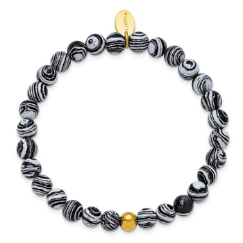 Chisel Stainless Steel Polished Yellow IP-plated 6mm Black Line Agate Beaded 6.25 inch Stretch Bracelet — alternate view