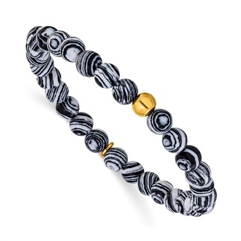 Chisel Stainless Steel Polished Yellow IP-plated 6mm Black Line Agate Beaded 6.25 inch Stretch Bracelet