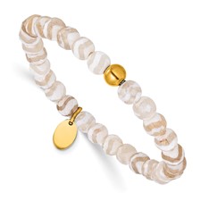 Image of Chisel Stainless Steel Polished Yellow IP-plated 6mm White Line Agate Beaded 6.25 inch Stretch Bracelet
