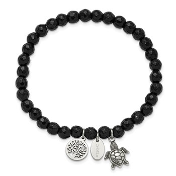 Chisel Stainless Steel Antiqued and Polished Turtle and Tree of Life Dangles 6mm Black Agate Beaded 6.25 inch Stretch Bracelet — alternate view