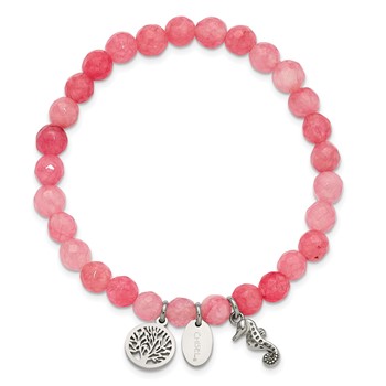 Chisel Stainless Steel Polished Seahorse and Tree of Life Dangles 6mm Pink Jade Beaded 6.25 inch Stretch Bracelet — alternate view