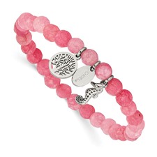 Image of Chisel Stainless Steel Polished Seahorse and Tree of Life Dangles 6mm Pink Jade Beaded 6.25 inch Stretch Bracelet