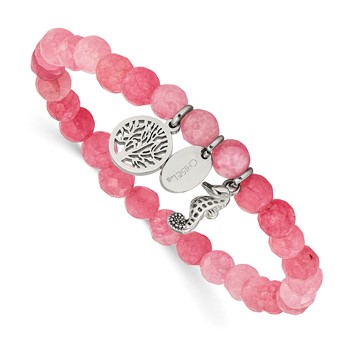 Chisel Stainless Steel Polished Seahorse and Tree of Life Dangles 6mm Pink Jade Beaded 6.25 inch Stretch Bracelet