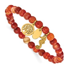 Image of Chisel Stainless Steel Polished Yellow IP-plated Seahorse and Tree of Life Dangles 6mm Red Agate Beaded 6.25 inch Stretch Bracelet