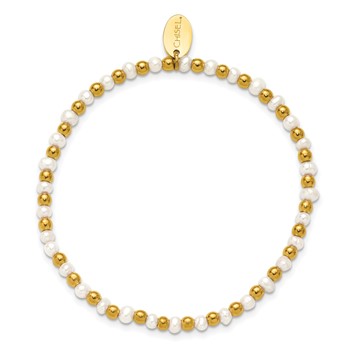 Chisel Stainless Steel Polished Yellow IP-plated 3mm White Freshwater Cultured Pearl Beaded 6.5 inch Stretch Bracelet — alternate view