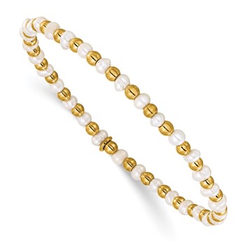 Chisel Stainless Steel Polished Yellow IP-plated 3mm White Freshwater Cultured Pearl Beaded 6.5 inch Stretch Bracelet