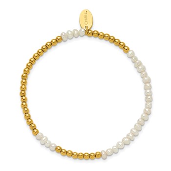 Chisel Stainless Steel Polished Yellow IP-plated 3mm White Freshwater Cultured Pearl Beaded 6.5 inch Stretch Bracelet — alternate view