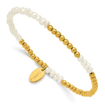 Chisel Stainless Steel Polished Yellow IP-plated 3mm White Freshwater Cultured Pearl Beaded 6.5 inch Stretch Bracelet