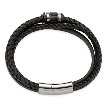Chisel Stainless Steel Polished Black Leather Multi Strand 8.5 inch Bracelet — alternate view