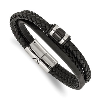 Chisel Stainless Steel Polished Black Leather Multi Strand 8.5 inch Bracelet