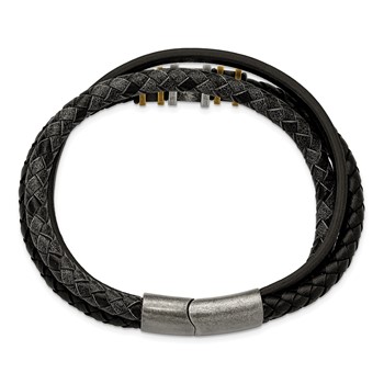 Chisel Stainless Steel Antiqued and Brushed Black Braided Leather Multi Strand 8.5 inch Bracelet — alternate view