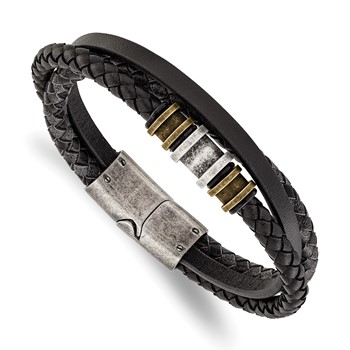 Chisel Stainless Steel Antiqued and Brushed Black Braided Leather Multi Strand 8.5 inch Bracelet