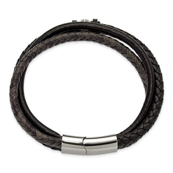 Chisel Stainless Steel Polished Black Braided Leather Multi Strand 8.5 inch Bracelet — alternate view