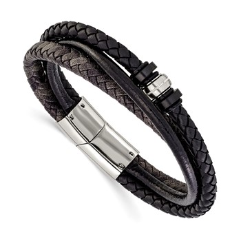 Chisel Stainless Steel Polished Black Braided Leather Multi Strand 8.5 inch Bracelet
