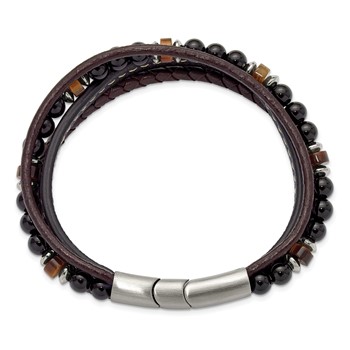 Chisel Stainless Steel Polished Onyx and Tiger Eye Beaded Black and Brown Leather Multi Strand 8 inch Plus .5 inch Extension Bracelet — alternate view