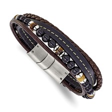 Image of Chisel Stainless Steel Polished Onyx and Tiger Eye Beaded Black and Brown Leather Multi Strand 8 inch Plus .5 inch Extension Bracelet