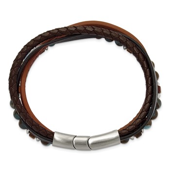 Chisel Stainless Steel Polished Blue Golden and Tiger's Eye Beaded Black and Brown Leather Multi Strand 8 inch Plus .5 inch Extension Bracelet — alternate view