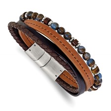 Image of Chisel Stainless Steel Polished Blue Golden and Tiger's Eye Beaded Black and Brown Leather Multi Strand 8 inch Plus .5 inch Extension Bracelet