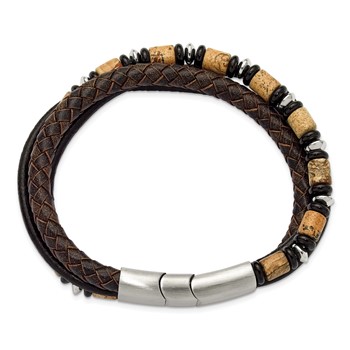 Chisel Stainless Steel Polished Onyx and Picture Jasper Beaded Black and Brown Leather Multi Strand 8 inch Plus .5 inch Extension Bracelet — alternate view